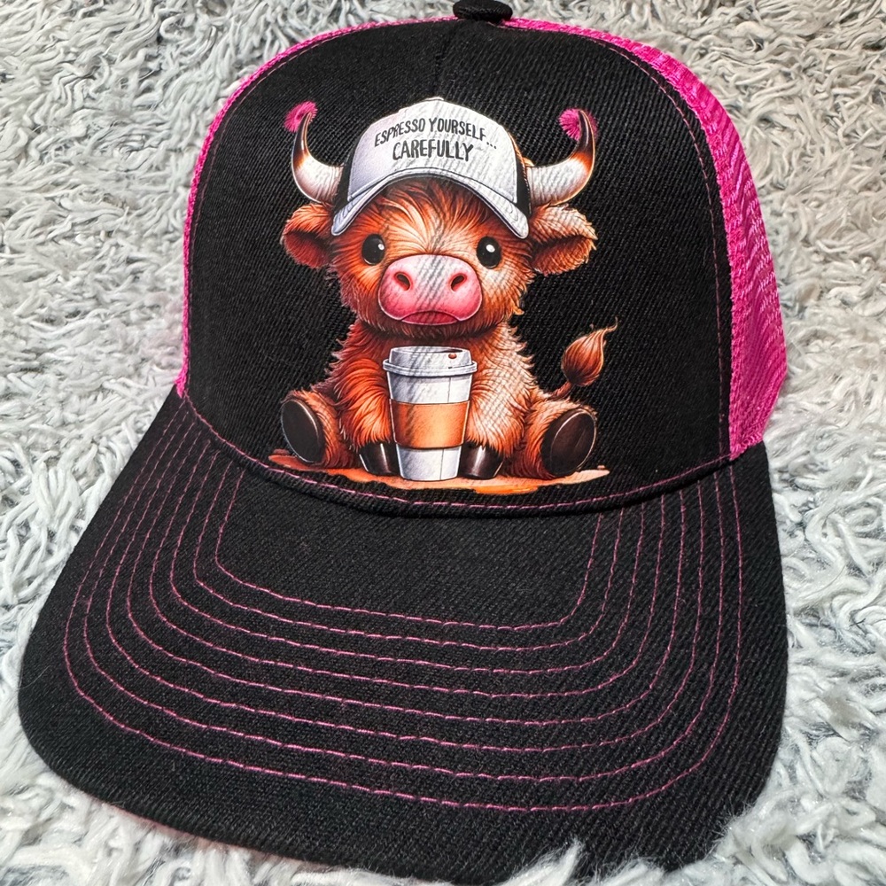 Pink and Black Trucker Hat with Cute Cow Design